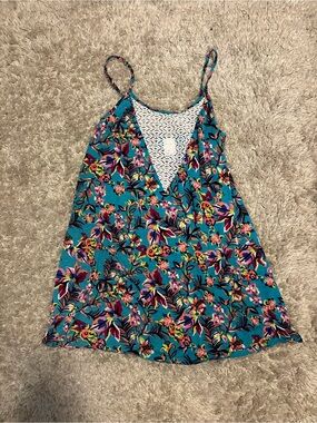Turquoise Floral Lace-Trim Spaghetti Strap Dress